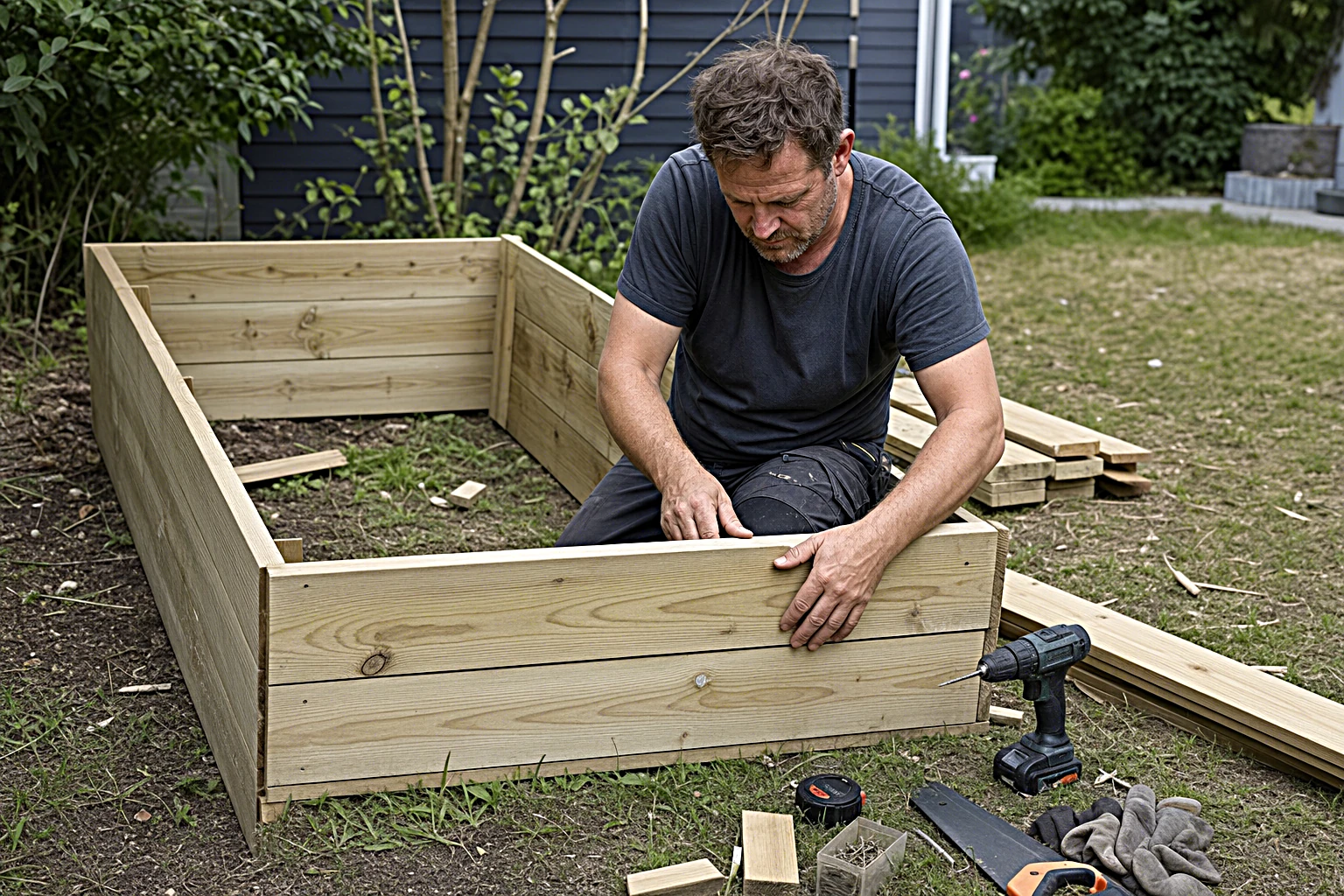 Ein Heimwerker baut im sommerlichen Garten ein Hochbeet aus Holz, Werkzeug liegt bereit